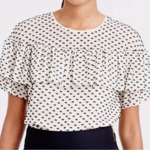 J Crew cream & black Swiss dot bow ruffle top.
